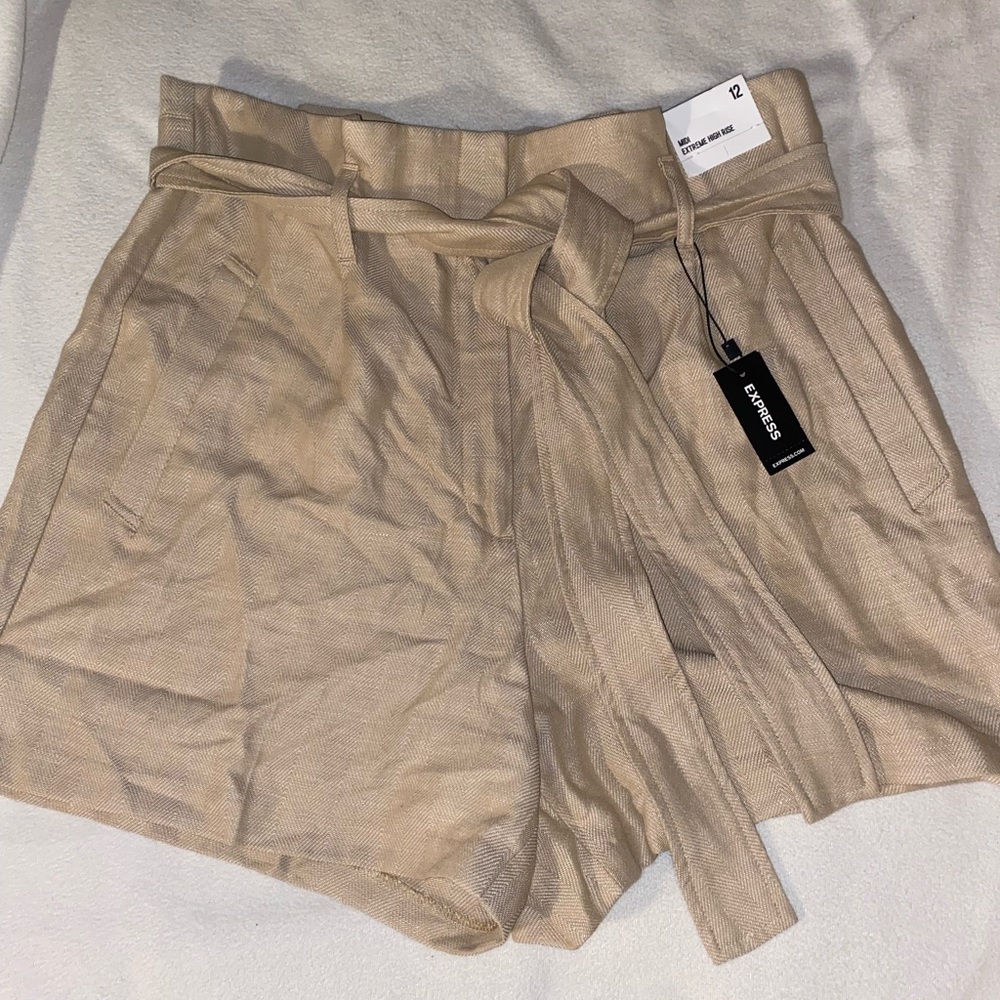 Express high wasted tan paperbag shorts